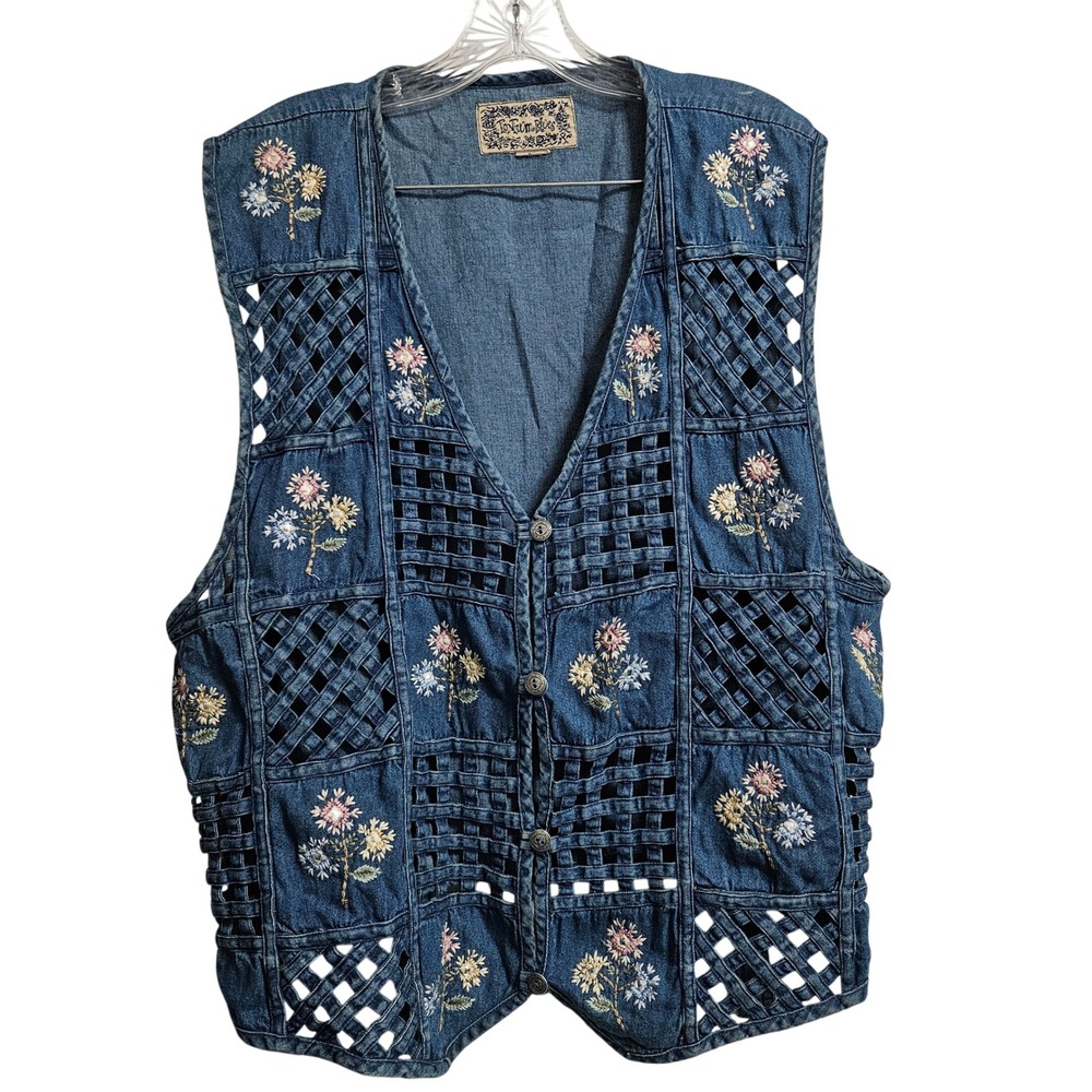 VTG Cottage Tantrum Blues Denim Vest Women XL‎ Floral Embroidered Lattice Cutout